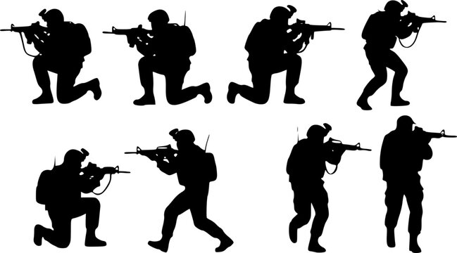 Military Soldiers Squad Silhouette Vector - Tactical Army Infantry Personnel in Combat Poses, Special Forces Commandos Isolated Graphics