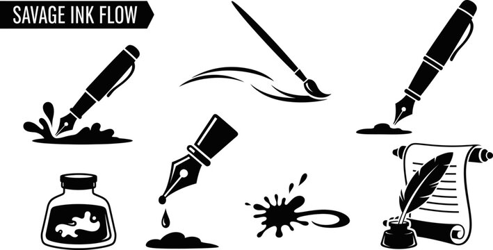 A collection of black silhouette pen and ink flow with inkblots on transparent background eps.