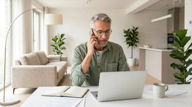 Happy busy middle aged mature man senior entrepreneur talking on mobile phone looking at laptop using computer calling on cellphone working at home sitting at kitchen table.
