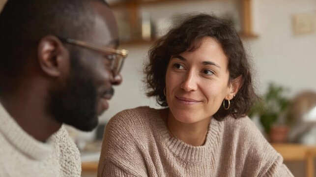 Man and a woman sitting close together and engaged in a conversation. the man is on the left side of the image, wearing a white sweater and glasses.