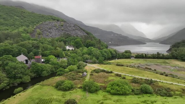 Aerial View of Llanberis Village with Llyn Padarn Lake and Snowdonia Mountains Wales
