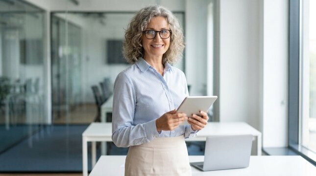 Smiling mature professional business woman bank manager, older happy female executive or lady entrepreneur holding digital tablet pad standing in office at work, looking away at copy space.