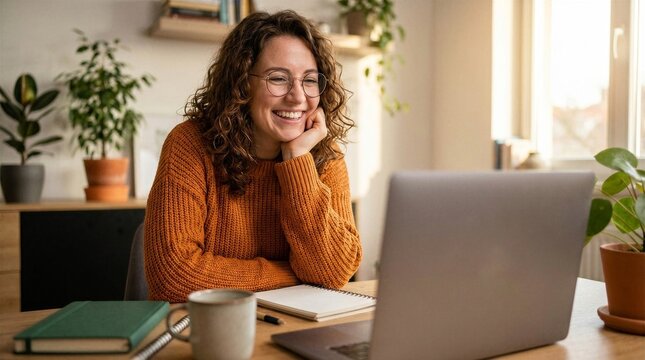 Portrait of happy young woman or student wearing glasses sitting at desk at home office with laptop computer looking at camera advertising online learning, remote work, business webinars.