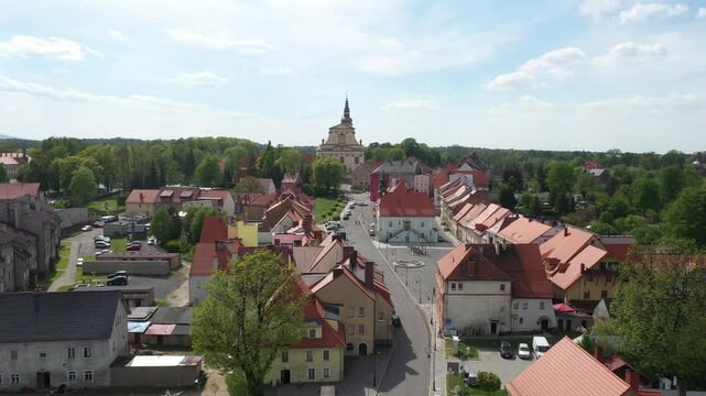 Panoramic Aerial View of Historic Lubomierz Town Center and Baroque Church - Izerskie Foothills Region