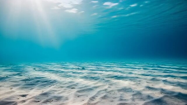 Underwater view of a sandy seabed with sunlight rays filtering through the clear blue ocean water