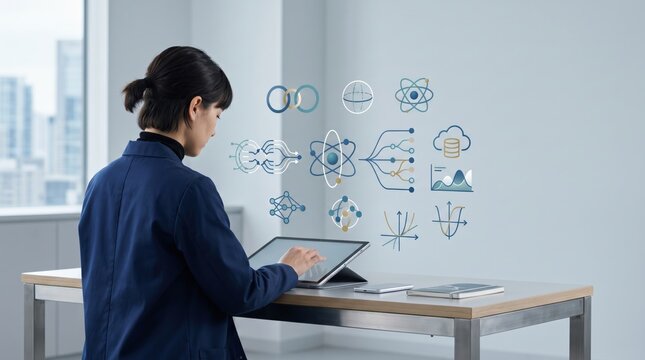 Female scientist analyzing complex data on tablet in laboratory, surrounded by floating science icons including atoms, molecules, graphs, cloud computing, neural networks,