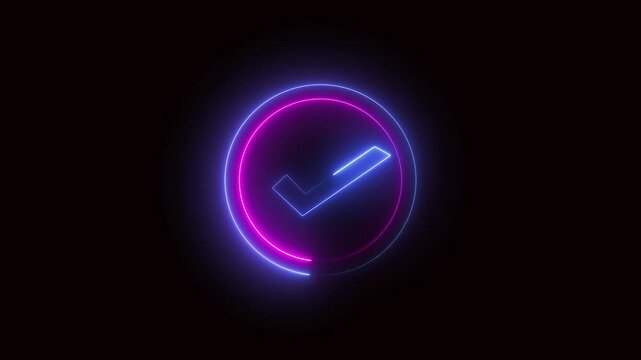 Purple pink blue glowing checkmark animation. Technology approval confirmation overlay design. Neon checkmark animation loop purple pink blue. Glowing circle success approved confirmation.