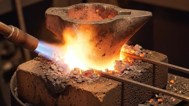 Close-up of metal heating on a forge with a torch and flying sparks, industrial process