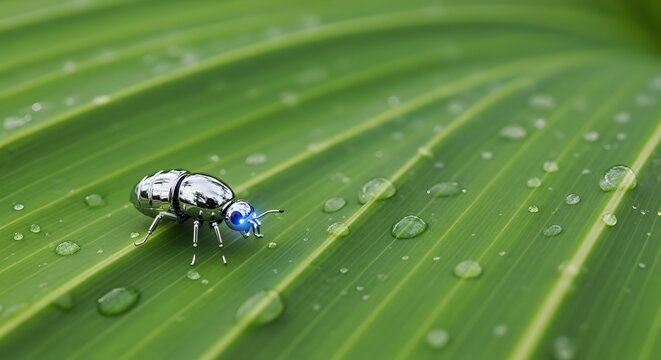 robotic insect on a green leaf detailed metallic beetle with blue lights close up photograph