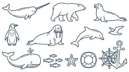 Arctic and marine animals line art collection with nautical icons. © Amir