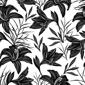 Black and white vector seamless pattern with lilies