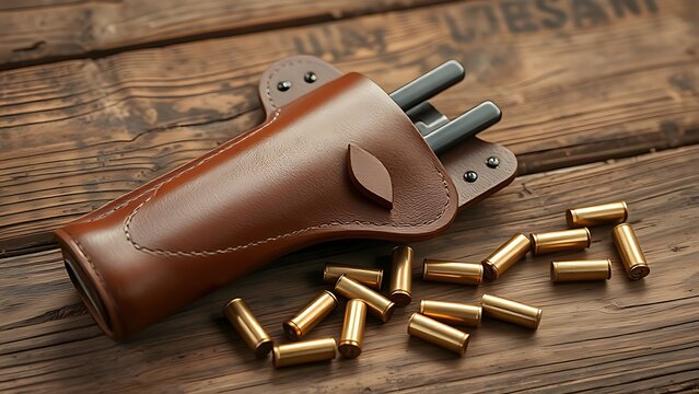 Worn leather holster and brass bullet casings on a rustic wooden surface.