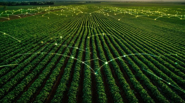 Smart agriculture technology connecting farm fields with glowing data lines