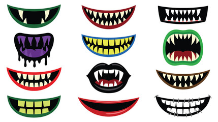 Set of cartoon monster mouths with fangs and scary teeth. © Amir