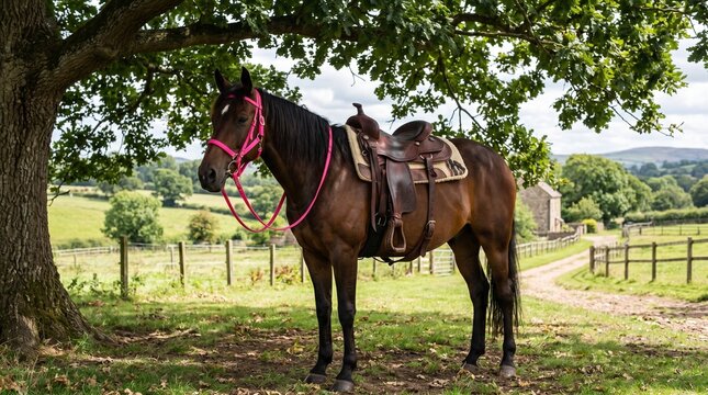 Brown horse wearing a bright pink halter and a brown leather western saddle stands patiently in the shade waiting to be taken for a ride