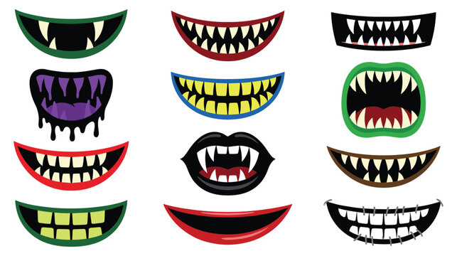 Set of cartoon monster mouths with fangs and scary teeth.