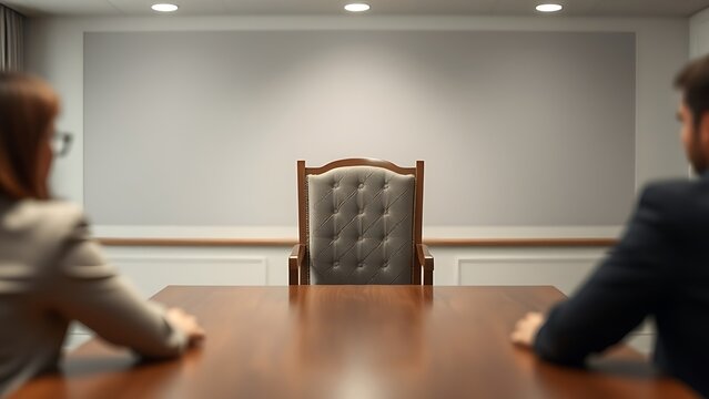 An empty chair at the center of a negotiation table in a formal setting.