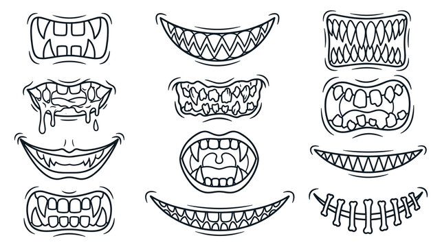 Creepy monster mouth illustrations with sharp teeth and scary expressions.