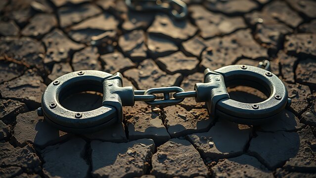 Heavy iron manacles with a severed chain on cracked earth.