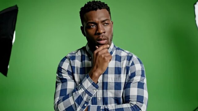Pensive African American Man in Studio with Green Screen