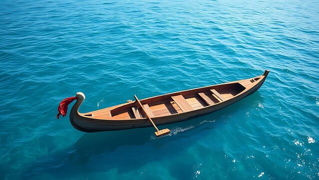 Traditional canoe with wooden outrigger on calm blue ocean under tropical sun.