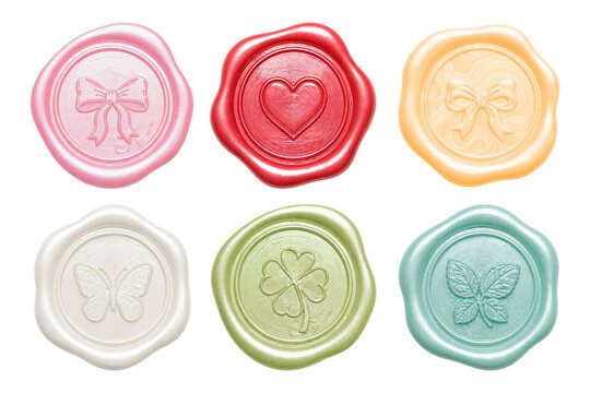 Colorful Wax Seal Stamp Set with Ribbon, Heart, Butterfly and Clover Shapes, Vintage Sealing Wax Collection Isolated on Transparent or Black Background