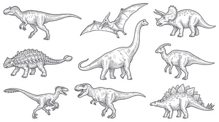 Detailed dinosaur silhouettes collection showing ancient prehistoric beasts. © Amir