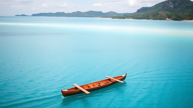 A traditional outrigger canoe gliding on calm turquoise water near a tropical coastline.