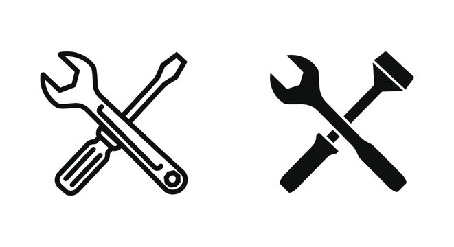 Crossed wrench and screwdriver tool icon set featuring outline and solid styles for mechanical repair maintenance construction and industrial engineering website interface graphics and app design