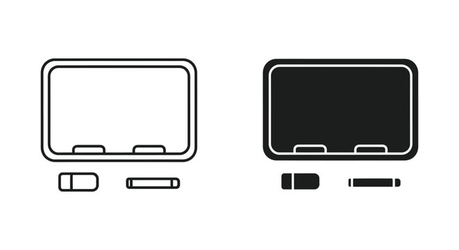 Interactive whiteboard icon set featuring outline and filled styles with eraser and pen tools for modern classroom technology and educational presentation software user interface design elements