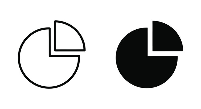 Pie chart icon set showing data visualization segments in outline and solid black vector style for business analytics and reporting software user interfaces on white background
