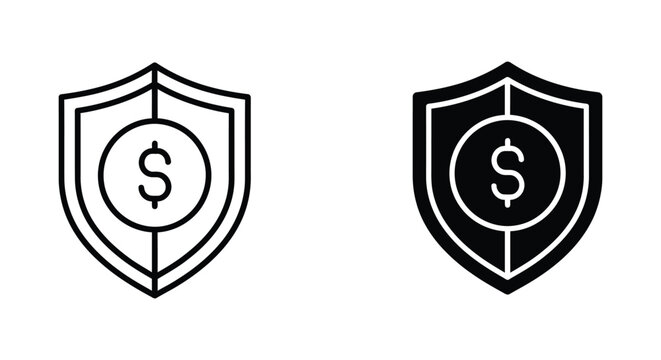 Financial security and money protection icon set with dollar sign inside a shield in outline and solid black styles for banking and insurance concepts