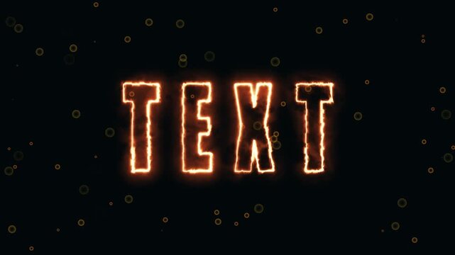 Burning letters and fiery text animation overlay with cinematic design for broadcast use. Fiery text animation with burning letters and glowing particles on a dark cinematic background.