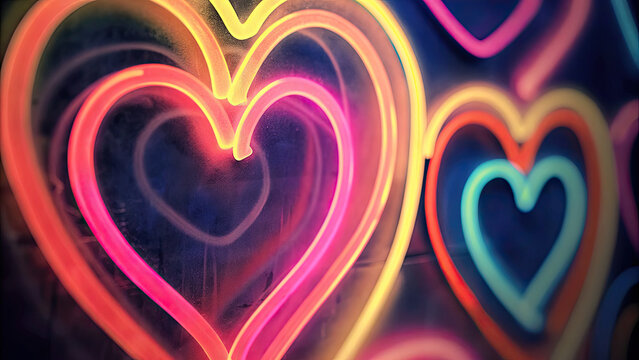 Colorful neon hearts glowing with motion concept. Vibrant neon hearts glowing in warm hues creating a festive vibe.
