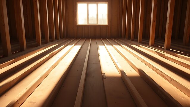 Inside a house under construction, wooden floor joists casting rhythmic shadows.
