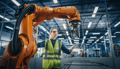 Fototapeta premium Industrial Engineer Teaching Robot Arm Precise Assembly Tasks