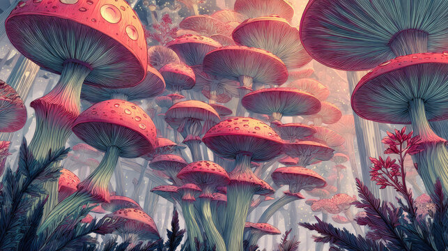Amanita muscaria mushrooms in forest fog concept. Vivid and surreal mushrooms in a whimsical forest setting.