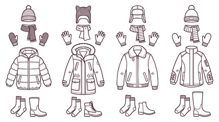 Line art winter clothes set with jackets hats scarves and footwear. © Amir