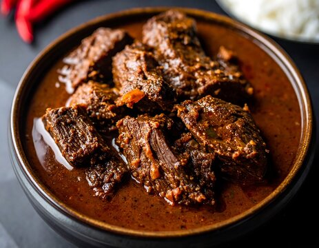 Hearty Asian cuisine Tender beef chunks bathed in a rich, dark, flavorful sauce, perfectly capturing Indonesian rendang's essence