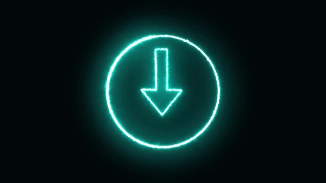 Abstract background neon teal download arrow with glowing energy and sci-fi motion graphics. Digital interface loading progress animation with neon teal glowing arrow and circular design.