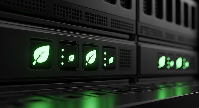 server hardware with illuminated leaf icons and status lights close up high quality professional