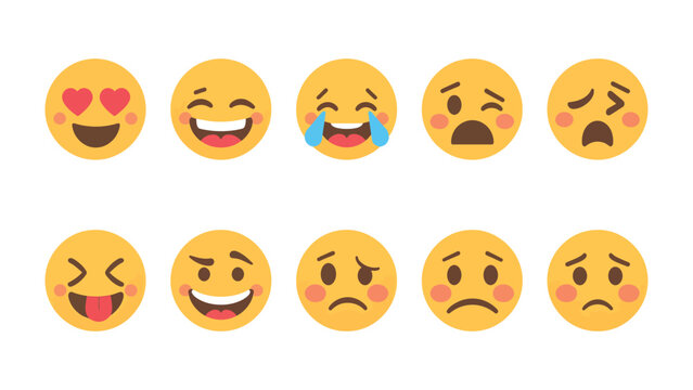 Expressive Faces: A vibrant display of ten different emojis, each conveying a distinct emotion, from love and joy to sadness and worry, perfectly illustrating the nuances of human feelings. 