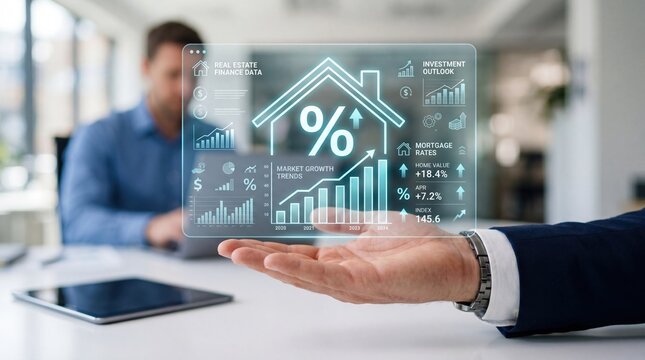 Businessman analyzing real estate finance data on holographic display, showing market growth trends, mortgage rates, investment outlook and percentage increase for property value.