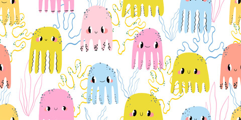 Seamless pattern with funny jellyfish and line art corals hand drawn illustration for ocean themed party supplies and kids room wallpaper © Ilona