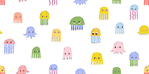 Minimalist seamless pattern with small colorful jellyfish and octopuses hand drawn background for stationery and baby clothes © Ilona