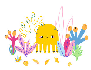 Yellow octopus in beautiful sea garden for summer beach theme greeting card children nursery decor and marine life poster hand drawn illustration © Ilona