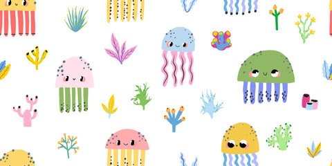 Seamless pattern with colorful jellyfishes and corals hand drawn underwater texture for kids fabric and marine themed gift wrapping paper © Ilona