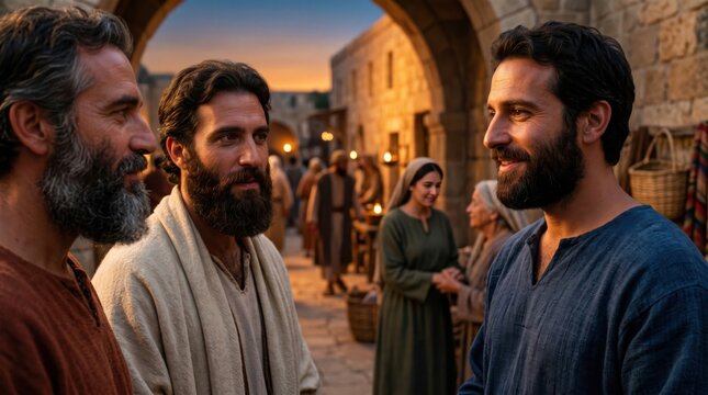 Apostle Peter talking with men in biblical city of Joppa. Scene representing historical context of Tabitha resurrection according to Acts of Apostles. Ancient tradition and faith.