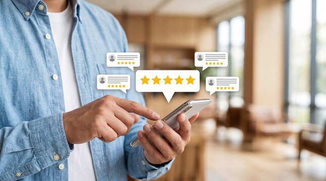 Man holding smartphone with five star customer reviews, online feedback concept, social media rating and satisfaction survey, digital marketing strategy for business reputation