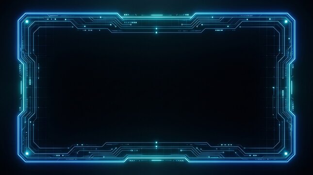Digital frame glows with bright blue neon circuits forming a high-tech border on a dark background that provides ample copy space for futuristic interfaces and innovative technology presentations.